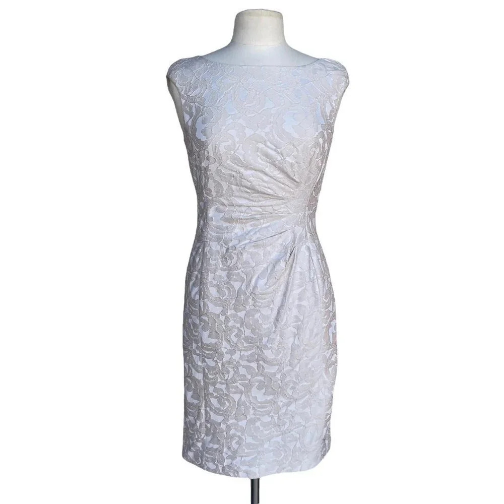 Ralph Lauren Women’s 6 Beige Floral Holiday Silver Textured Ruched Sheath Dress